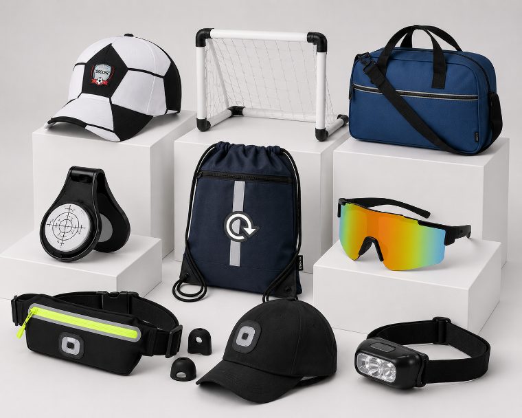 Material deportivo personalizado con logo: gorras, mochilas y gafas