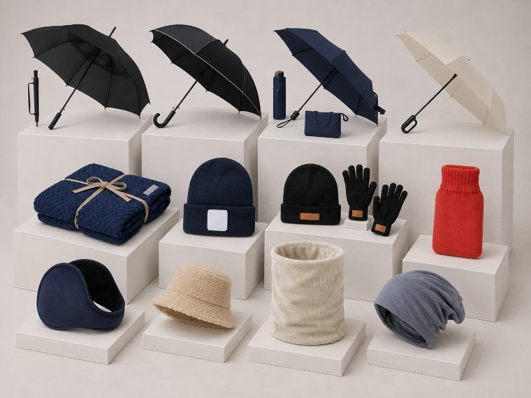 Paraguas, mantas y gorros personalizados con logo