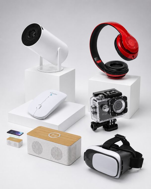 Tecnología personalizada con tu logo: altavoces, auriculares y gadgets